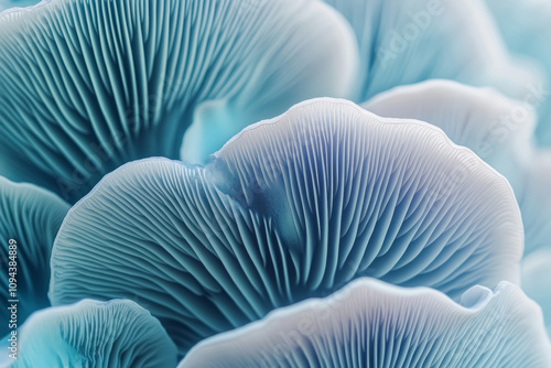 Pastel blue neon glowing light mushroom texture background. Closeup macro view pattern for design.  photo