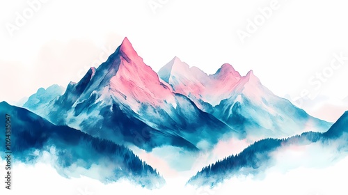 Traditional Chinese watercolor blue pink green mountain illustration poster background