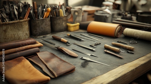 An organized workspace showcasing various leatherworking tools and materials on a rustic table.