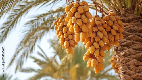 A date palm tree with many golden fruit clusters hanging from its branches photo