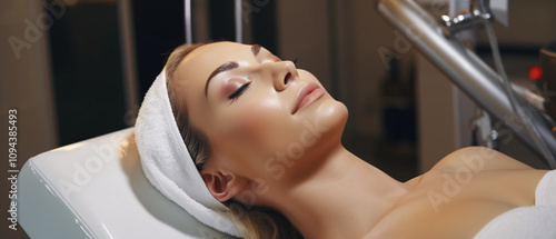 A beautiful woman enjoying a professional beauty salon treatment, relaxing and pampered by a stylist.