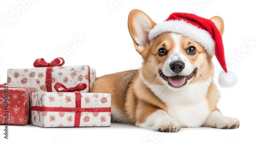 A cheerful corgi wearing a Santa hat poses beside beautifully wrapped Christmas presents, embodying festive spirit and joy.