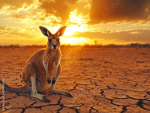 A hopping red kangaroo across a dry cracked Australian outback under a dramatic sky photo