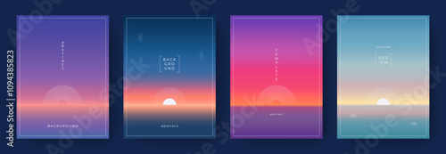Set of abstract nature gradient backgrounds. Sunrise or sunset in water and sky in pastel colors. Summer art minimalist template. Modern design for social media, poster, landing pages, banner, flyer