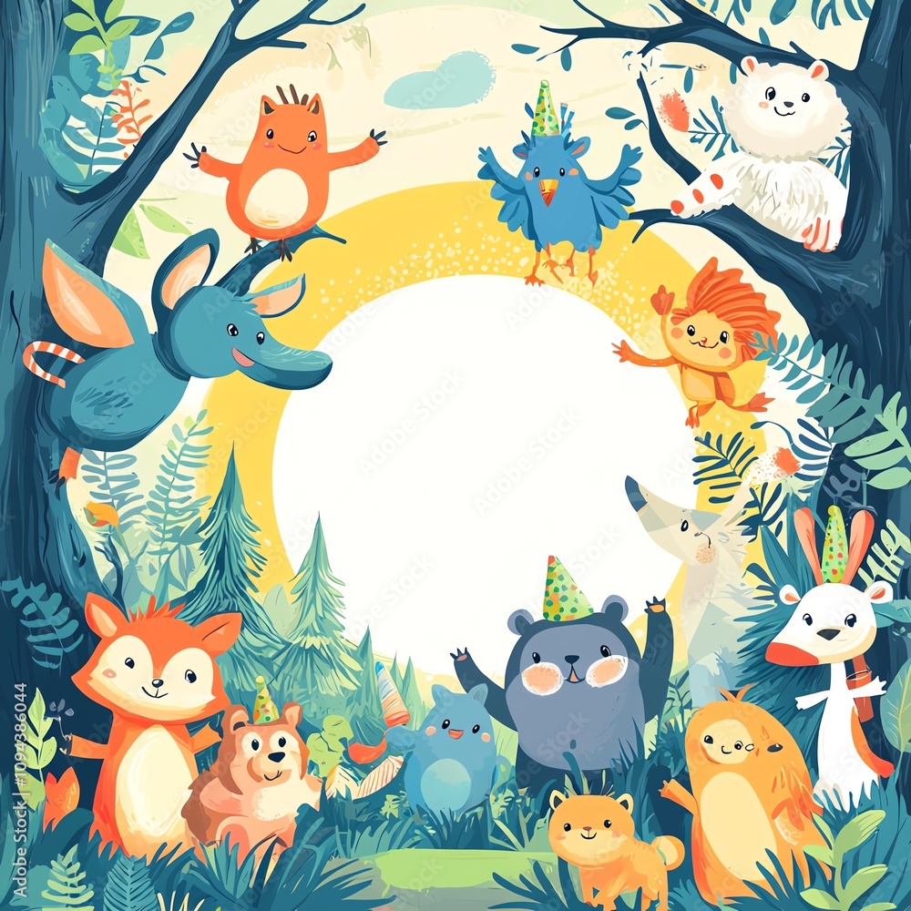 Fototapeta premium Playful cartoon animals birthday card frame with large blank center, cute forest creatures, rainbow colors, cheerful design