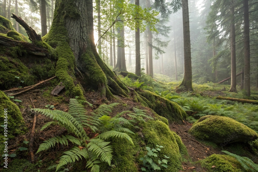 Forest floor scene with moss ferns and tree roots, nature, natural, vegetation Forest floor scene with moss ferns and tree roots, nature, natural, vegetation
