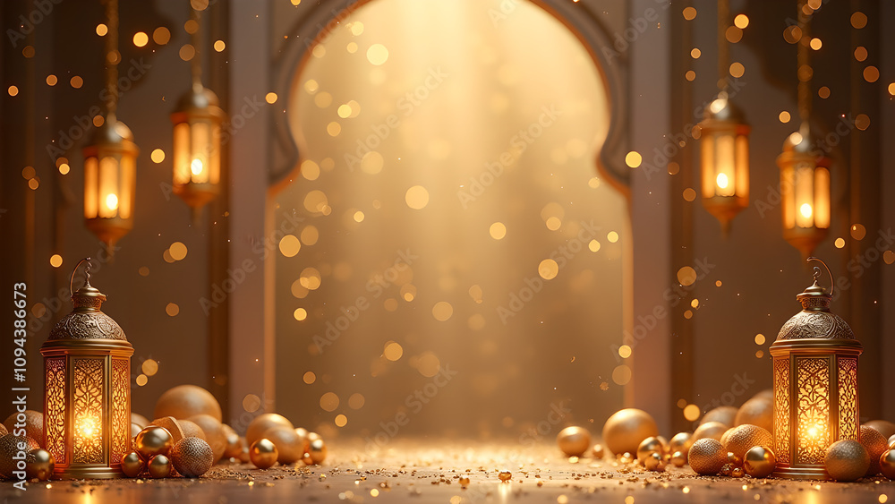 Golden Ramadan Decoration with Lanterns and Archway Golden Ramadan Decoration with Lanterns and Archway