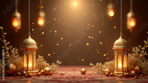 Golden Ramadan Lanterns with Festive Lights and Decorations
