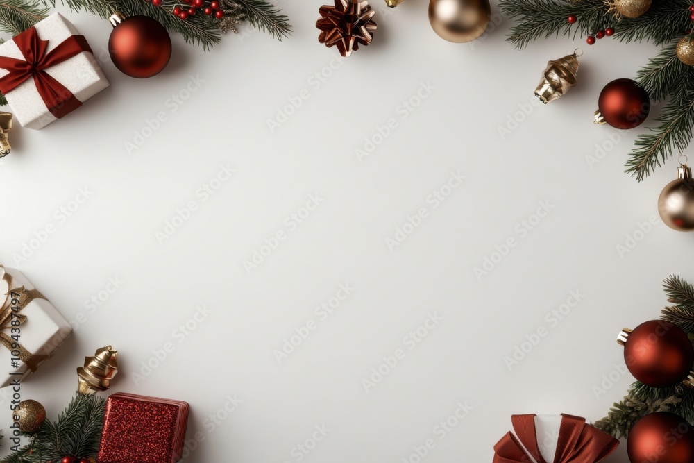 Christmas background featuring ornaments, gifts, and pine branches framing white space Christmas background featuring ornaments, gifts, and pine branches framing white space
