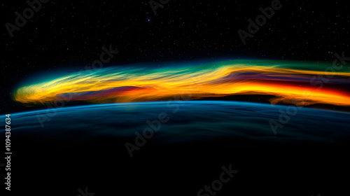 Fototapeta Naklejka Na Ścianę i Meble -  A colorful aurora seen from a space station orbiting Earth with the planet below.