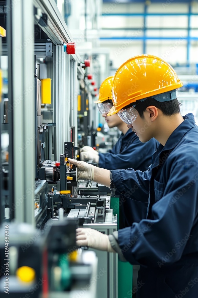 Factory workers assemble parts on machinery. Factory workers assemble parts on machinery.