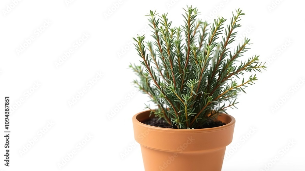 Fresh rosemary plant in a terracotta pot, foliage, flowers, rosemary Fresh rosemary plant in a terracotta pot, foliage, flowers, rosemary