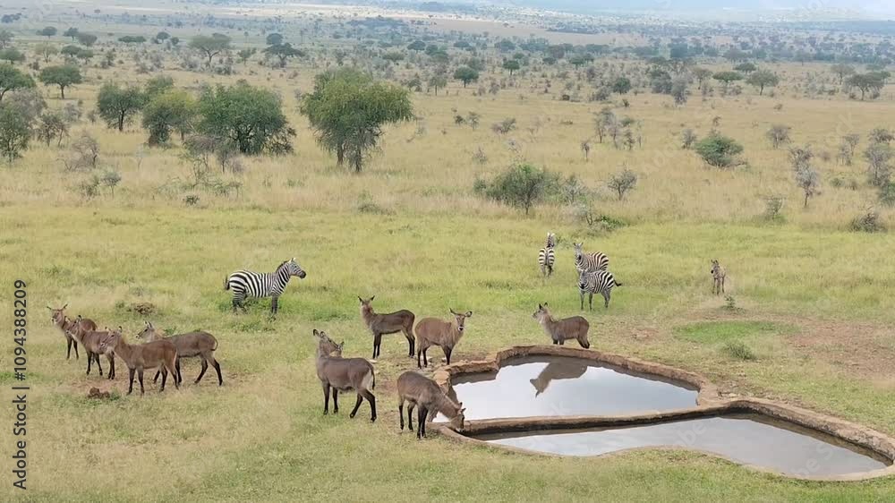 Waterbuck and Zebra at Apoka lodge at a water hole Waterbuck and Zebra at Apoka lodge at a water hole