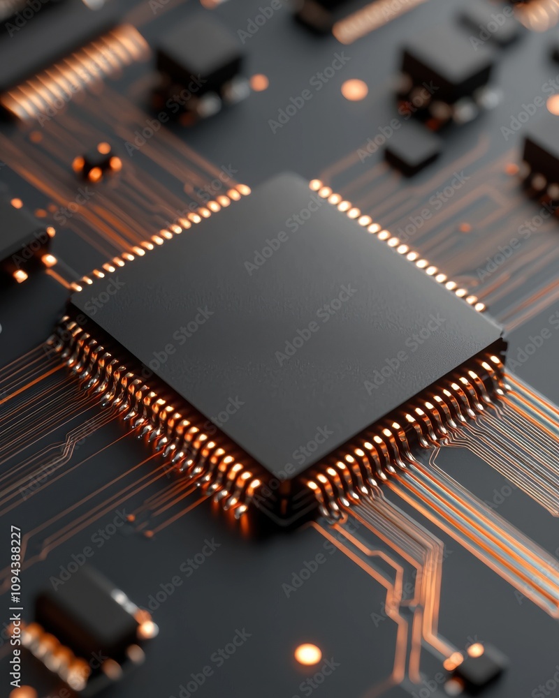 A close-up view of a black microchip on a circuit board, showcasing intricate circuitry and connections. A close-up view of a black microchip on a circuit board, showcasing intricate circuitry and connections.