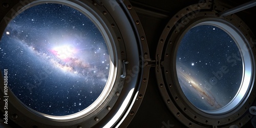 3D illustration of through spacecraft portholes, we see stunning views of spiral galaxies against a star-filled sky.