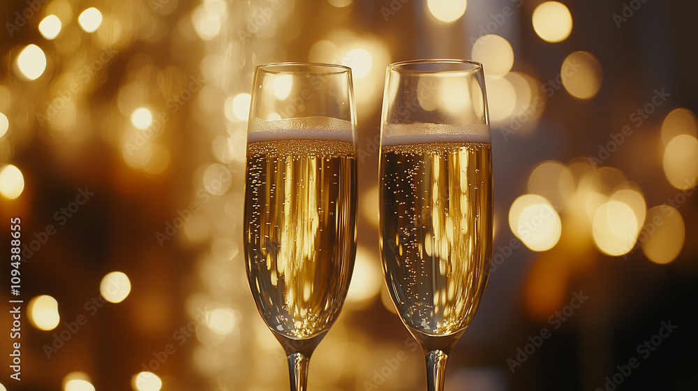 Two Sparkling Champagne Glasses Against Golden Bokeh Two Sparkling Champagne Glasses Against Golden Bokeh