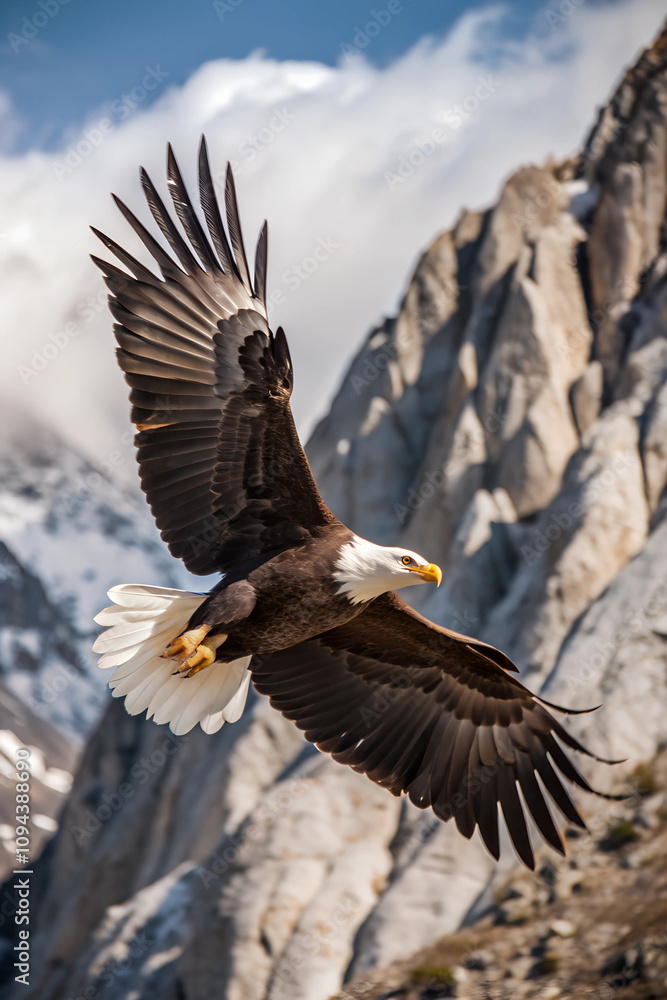 Fototapeta premium Photograph an eagle soaring high above a rugged mountain range