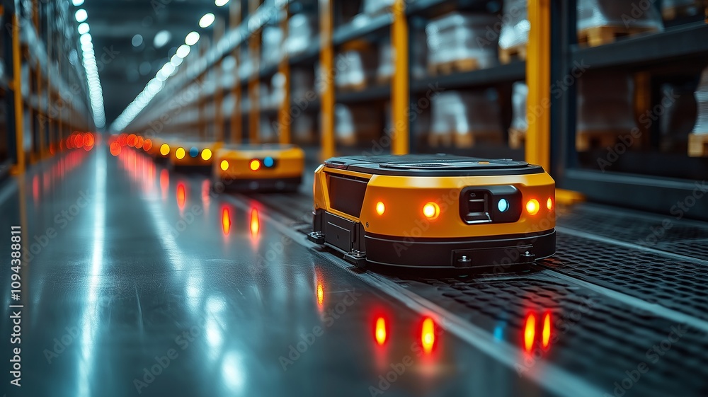 Robots Moving Along Conveyor in Modern Warehouse During Busy Working Hours. Generative AI