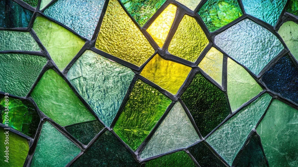 Intricate stained glass window showcasing an array of green hues. Intricate stained glass window showcasing an array of green hues.
