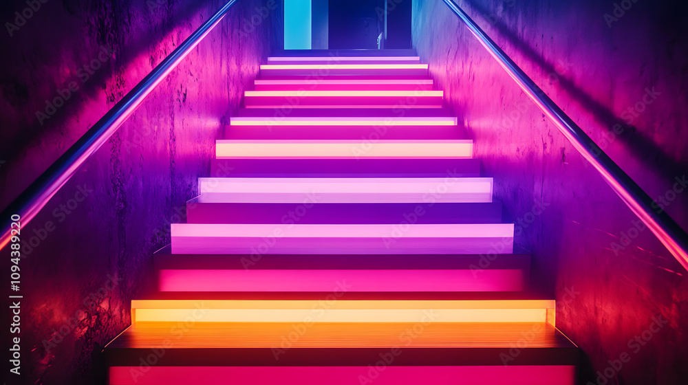 A creative LED staircase with steps glowing in alternating neon shades forming a gradient. A creative LED staircase with steps glowing in alternating neon shades forming a gradient.