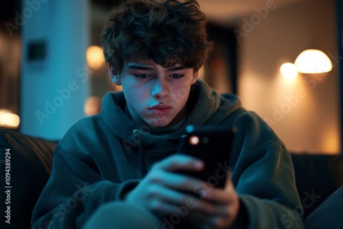 A teenager focuses on his smartphone in a cozy dimly lit room. The ambiance sets a relaxed and modern style. Perfect for tech or youth-related themes. Generative AI photo