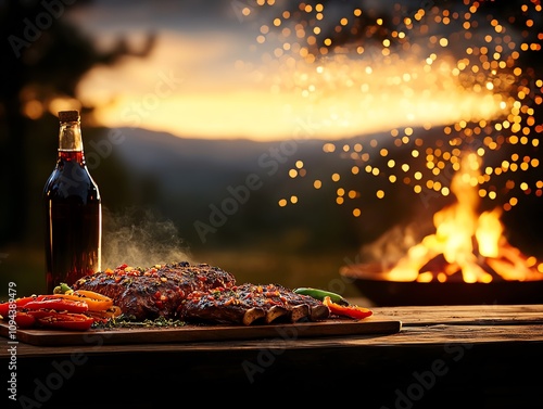 Sizzling argentinian asado celebration outdoor cookout food photography rustic ambiance evening glow culinary tradition photo