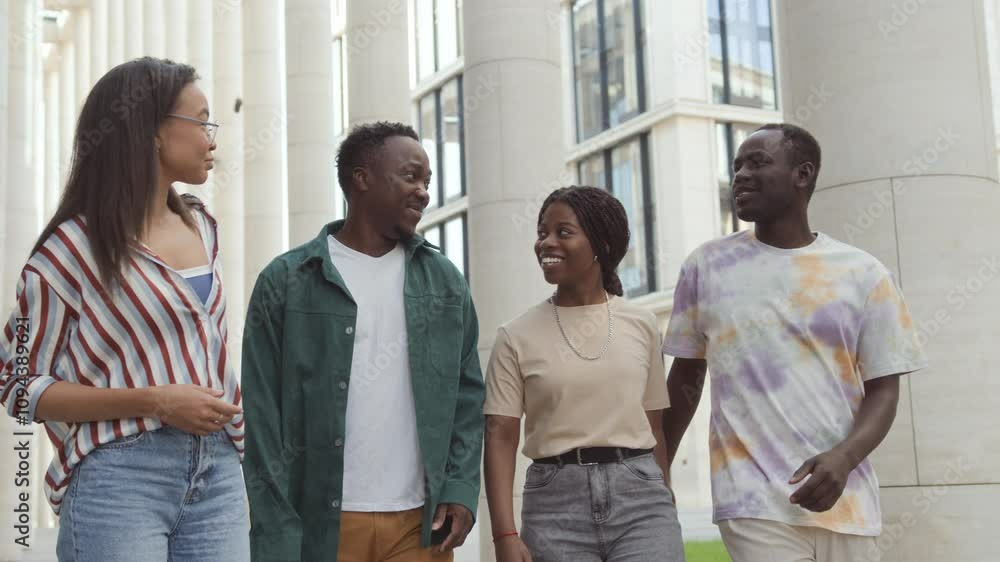 Group of African American students walking along campus buildings and talking. Social interaction among young people on education. Cheerful black skinned friends enjoy communicate smiling Group of African American students walking along campus buildings and talking. Social interaction among young people on education. Cheerful black skinned friends enjoy communicate smiling