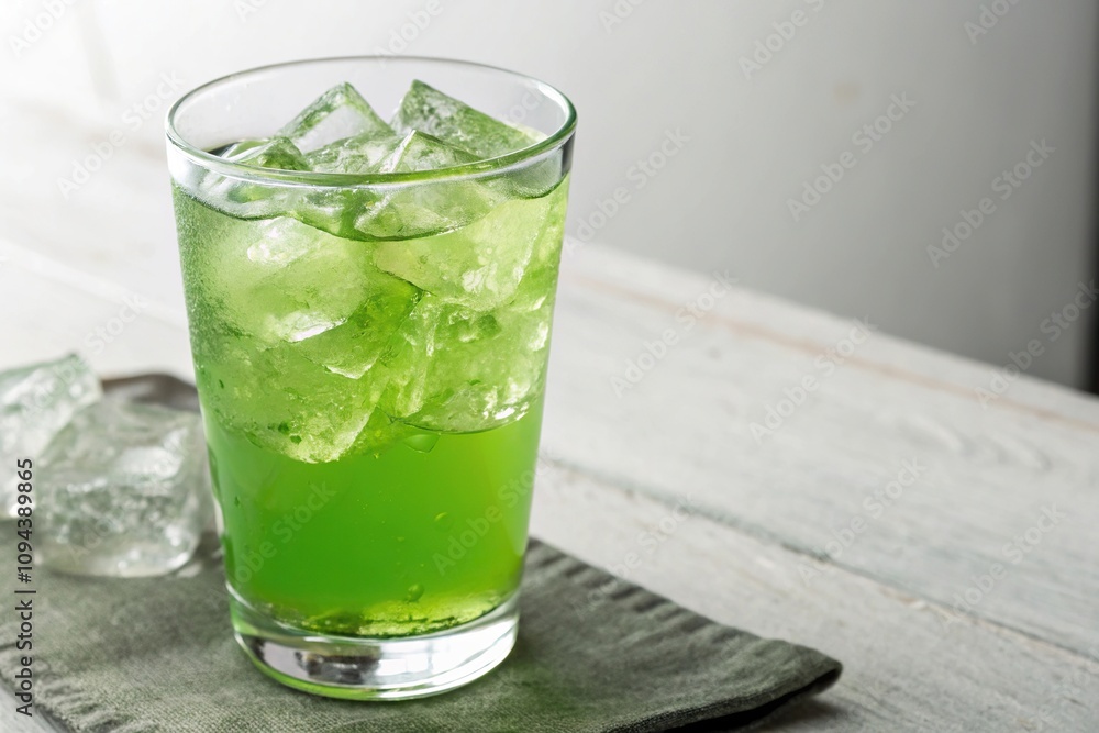 Glass of green lime juice with ice cubes, cool refreshment, electrolyte-rich drink, chilled beverage, juicy drink Glass of green lime juice with ice cubes, cool refreshment, electrolyte-rich drink, chilled beverage, juicy drink
