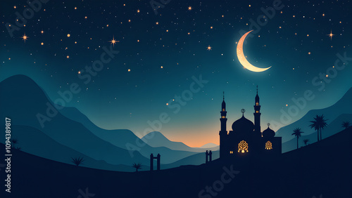 Mosque Silhouette at Night with Crescent Moon. Ramadan Kareem Concept.