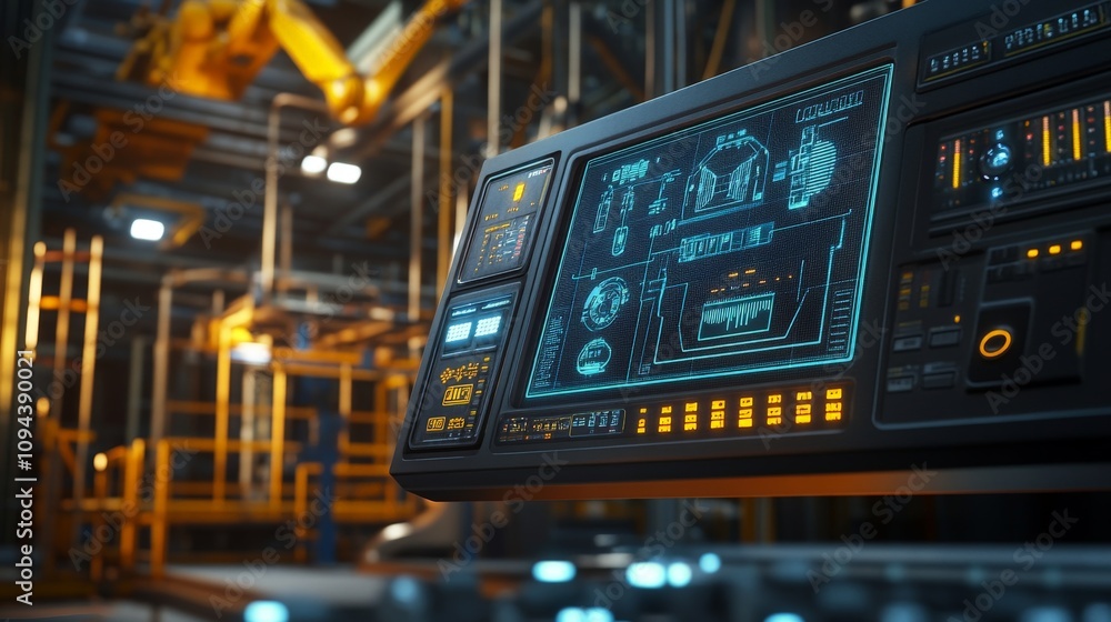 Futuristic control panel in high-tech industrial facility. Futuristic control panel in high-tech industrial facility.