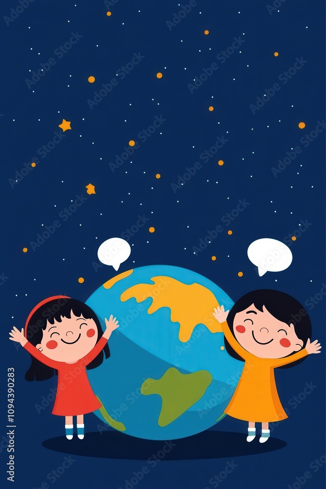 Children around globe with speech bubbles in different scripts Children around globe with speech bubbles in different scripts