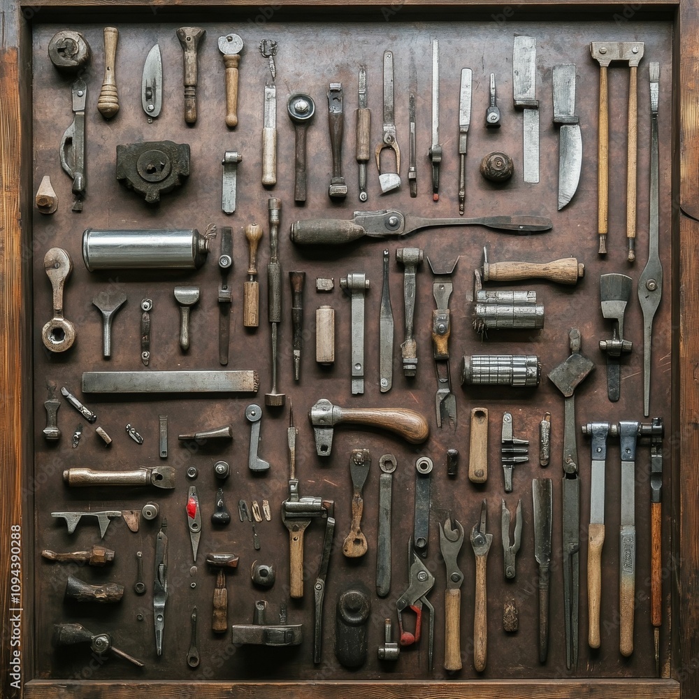 Antique tools neatly arranged in wooden box. Antique tools neatly arranged in wooden box.