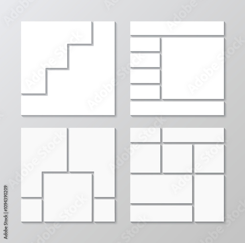 Collage templates set. Organised portfolio. Collection layout of photo moodboard. Mosaic pictures geometric frames. Mood board grid. Album brandboard. Gallery banner. Vector illustration