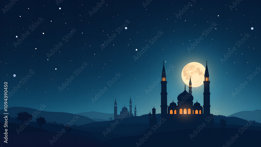Obraz premium Mosque at night with full moon. Ramadan Kareem concept.