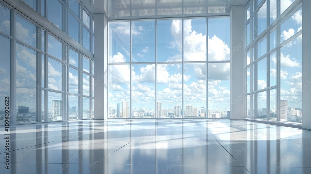 Bright and airy empty office space with large glass windows offering a stunning skyline view. Bright and airy empty office space with large glass windows offering a stunning skyline view.