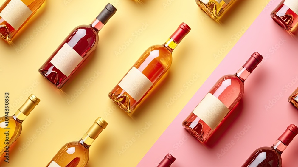 Colorful arrangement of wine bottles on a pastel background, creating a vibrant and inviting display. Colorful arrangement of wine bottles on a pastel background, creating a vibrant and inviting display.