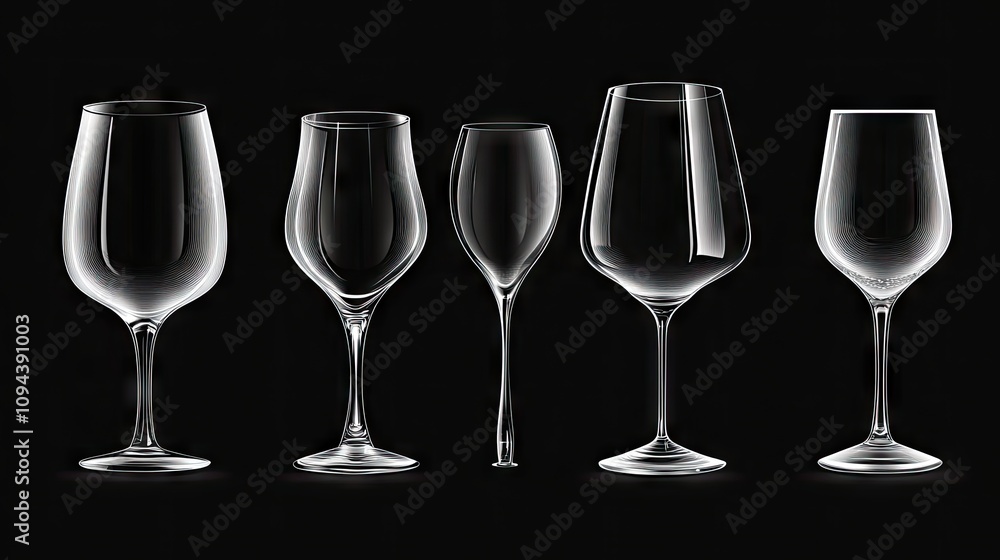 Five elegant glassware pieces displayed on a sleek black background. Five elegant glassware pieces displayed on a sleek black background.