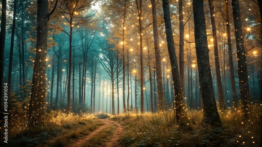Obraz premium Gold and teal colors blend in harmony to create an abstract forest tapestry with sparkling fairy lights amidst the trees, nature-inspired art, enchanted woods, teal forest, whimsical atmosphere