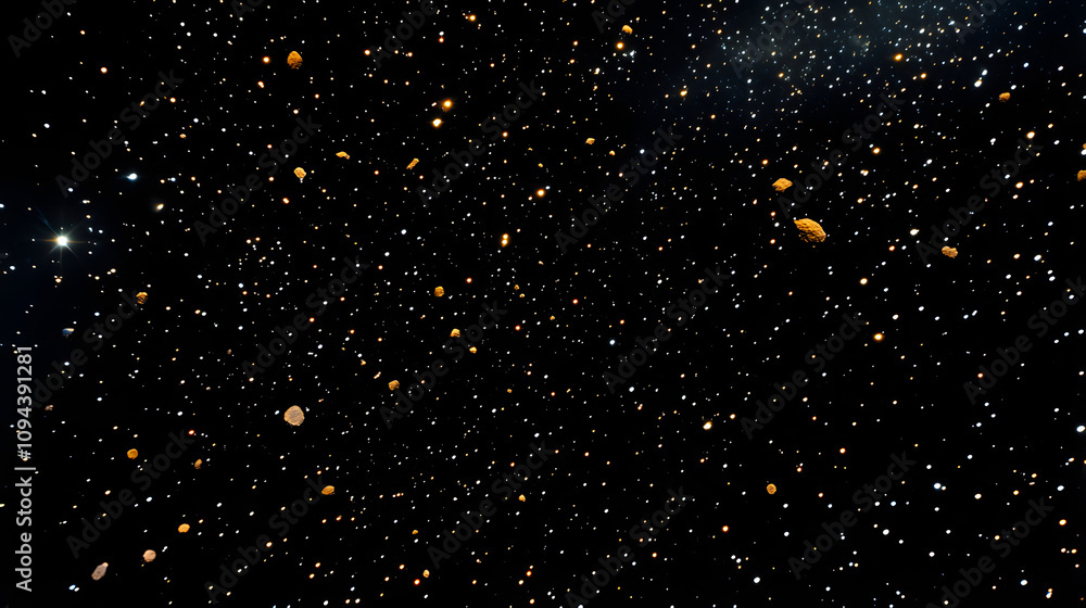 A distant asteroid belt with fragments illuminated by a nearby sun in a vast starfield. A distant asteroid belt with fragments illuminated by a nearby sun in a vast starfield.