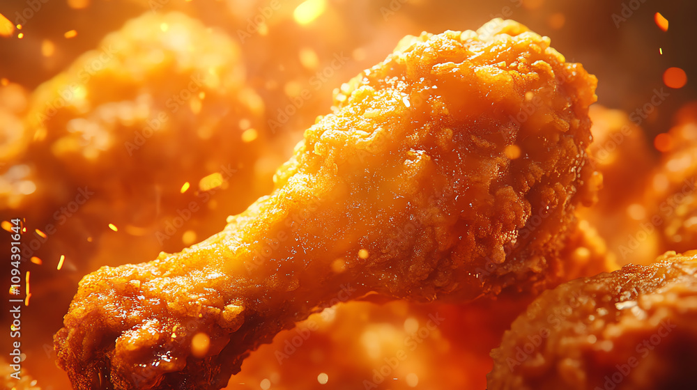 Closeup of golden fried chicken drumstick, soft warm lighting, ultrarealistic Closeup of golden fried chicken drumstick, soft warm lighting, ultrarealistic