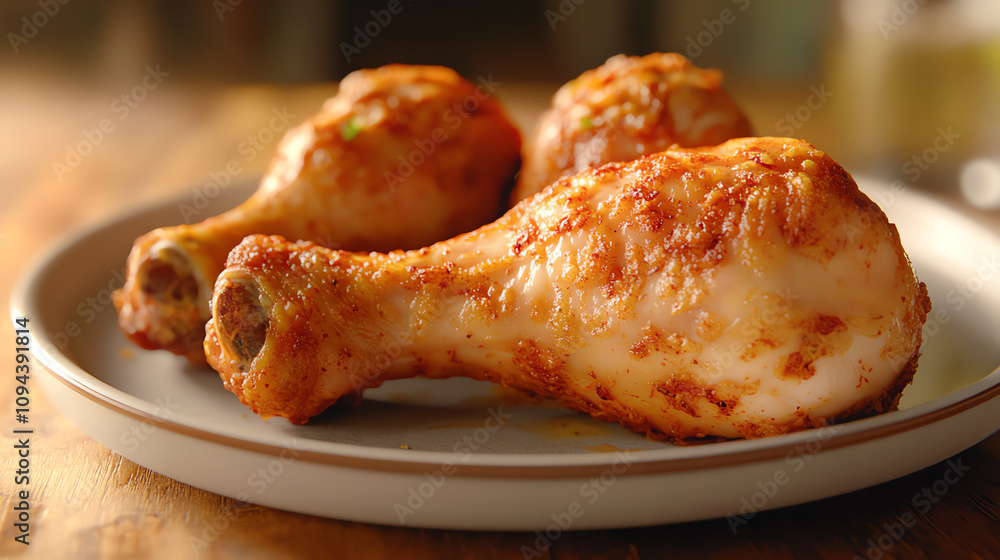 Fried chicken drumstick on a plate, warm light setup, ultrarealistic crispy detail Fried chicken drumstick on a plate, warm light setup, ultrarealistic crispy detail