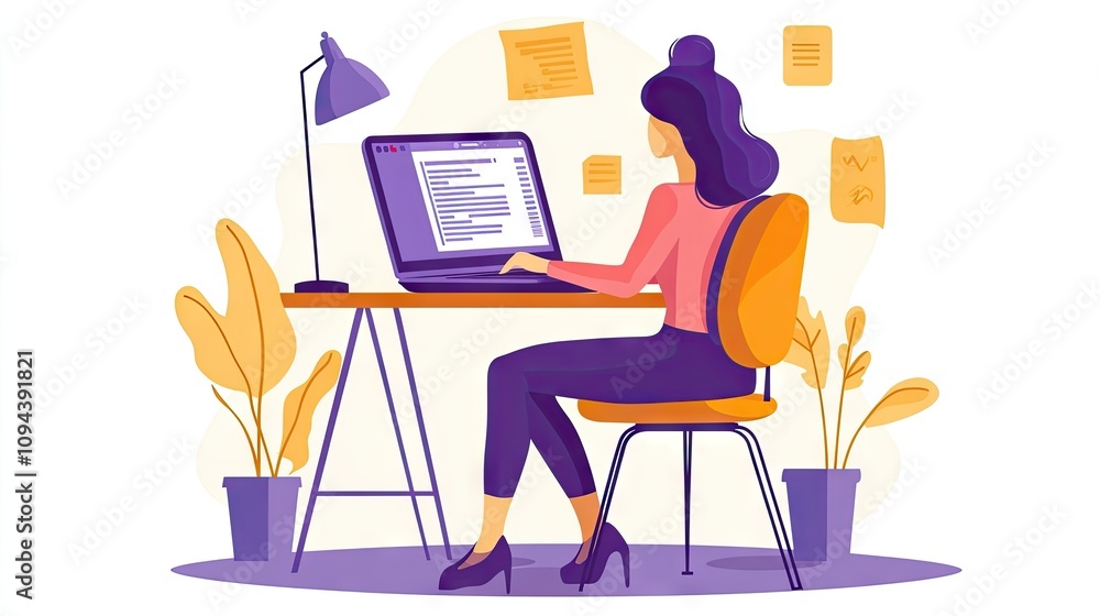A young woman with long black hair sitting at a desk, focused on her laptop while surrounded by houseplants. A young woman with long black hair sitting at a desk, focused on her laptop while surrounded by houseplants.