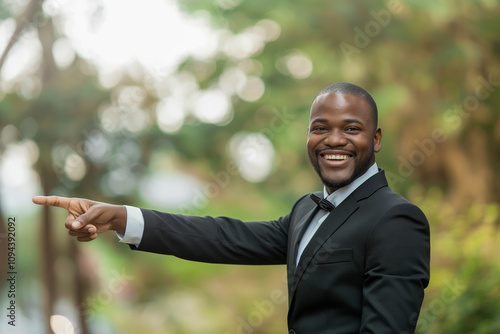 Smiling African American Adult Male in Suit Pointing Outdoors