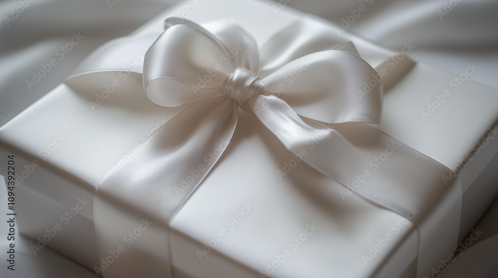 A close-up shot of a luxury silver and white gift box with a satin ribbon, perfect for wedding or anniversary themes, with a clear focus and minimalist design. A close-up shot of a luxury silver and white gift box with a satin ribbon, perfect for wedding or anniversary themes, with a clear focus and minimalist design.