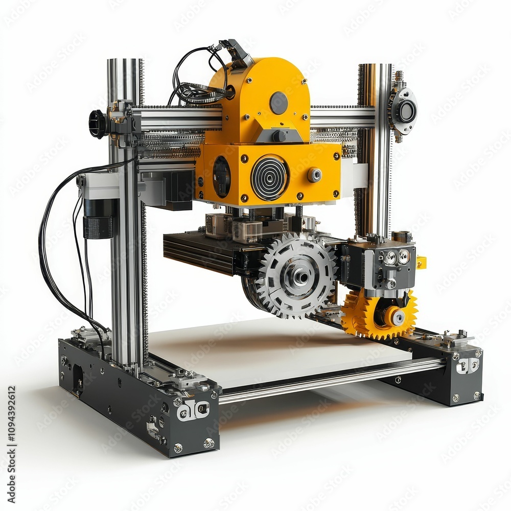 Yellow and black 3D printer, intricate gears. Yellow and black 3D printer, intricate gears.