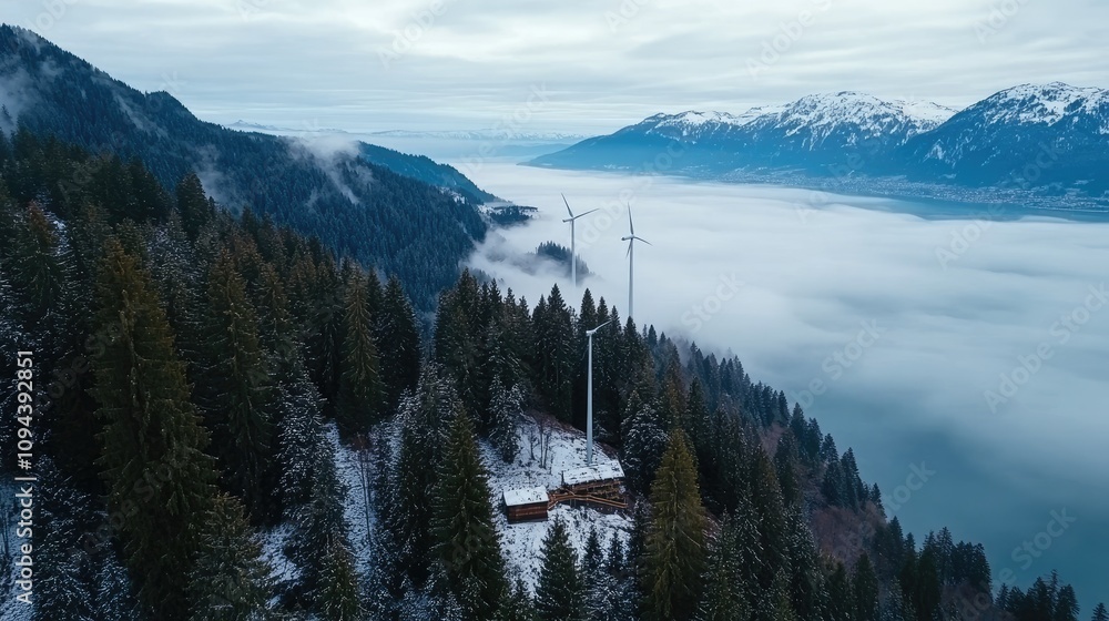Wind turbines stand tall on a mountain ridge, surrounded by fog and greenery, highlighting sustainable energy production Wind turbines stand tall on a mountain ridge, surrounded by fog and greenery, highlighting sustainable energy production
