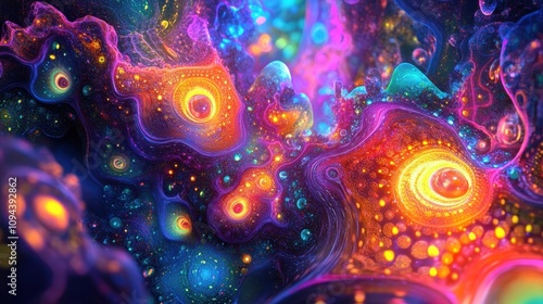 A vibrant, abstract depiction of cosmic colors and swirling patterns.