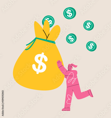 Woman moving a large bag of money. Concept of increasing income and creating wealth. Colorful vector illustration