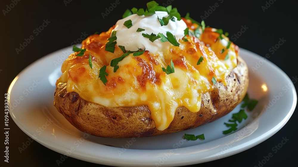 Scrumptious cheesy baked potato with sour cream and parsley Scrumptious cheesy baked potato with sour cream and parsley