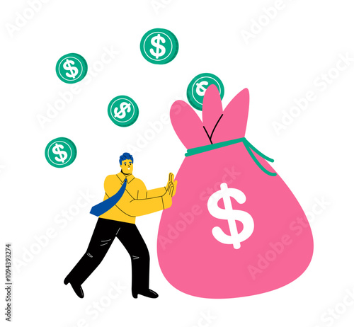 Business man moving a large bag of money. Concept of increasing income and creating wealth. Flat vector illustration isolated on white background